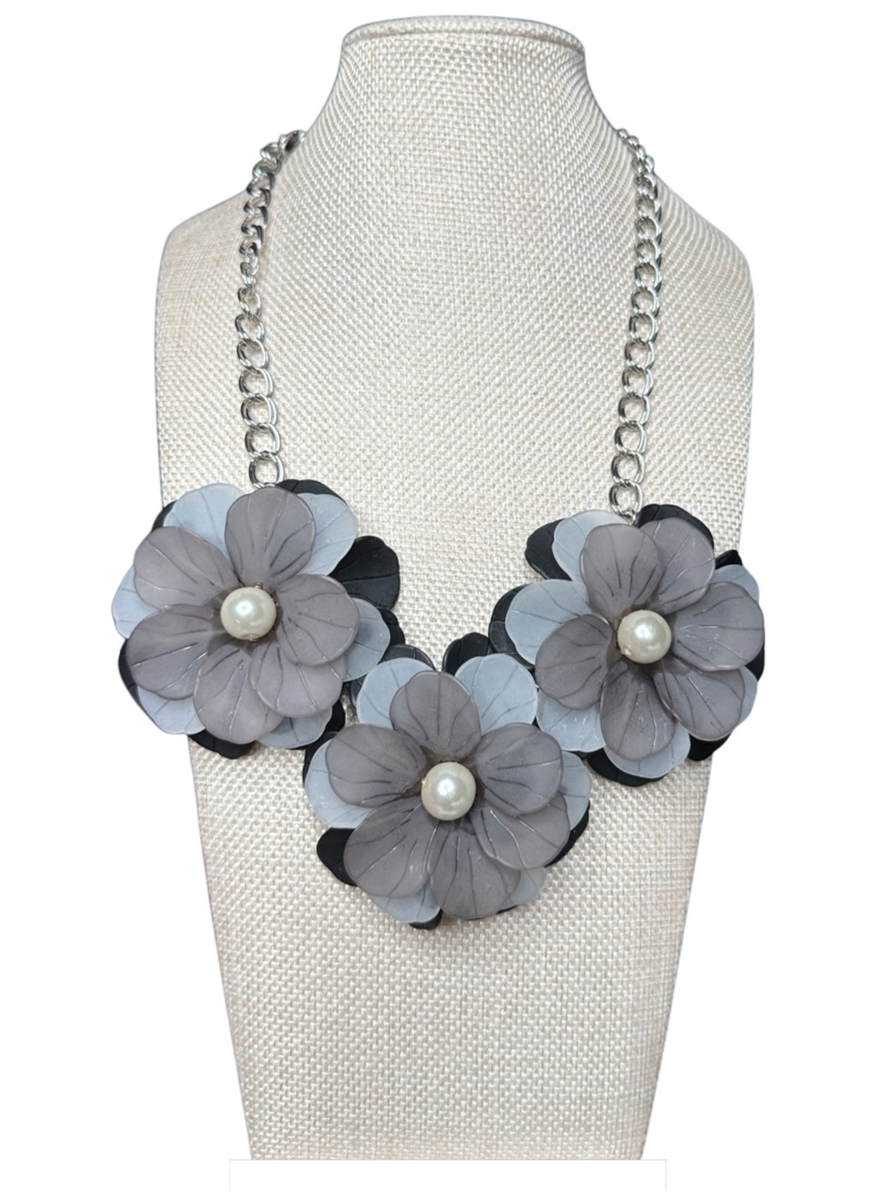 Bocar Gray Floral Pearl Accent Statement Necklace - Frosted Acrylic